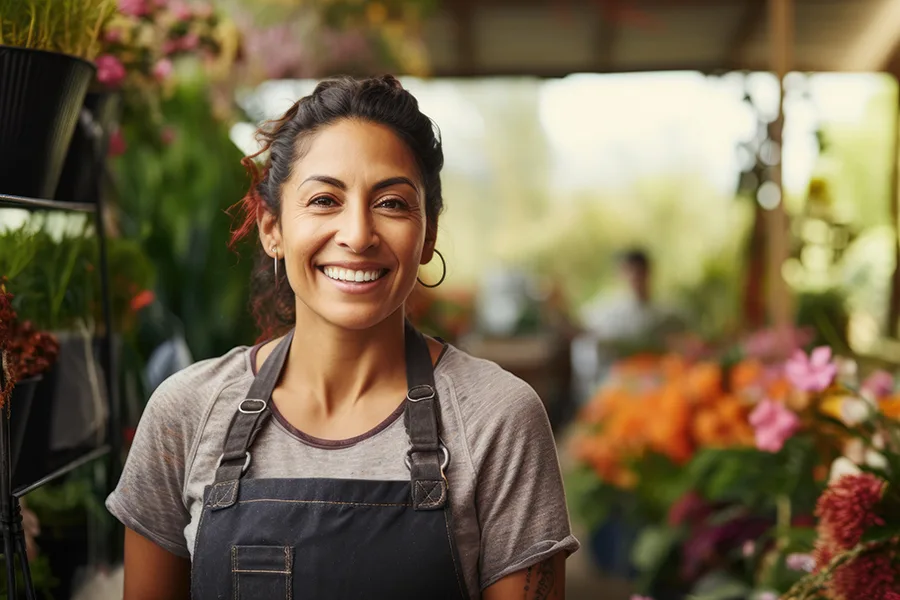 Smiling garden center employee surrounded by flowers, representing staff supported by a Garden Center POS system.