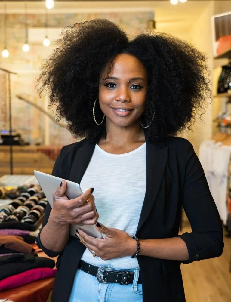 A confident retail business owner stands in her boutique holding a tablet, managing sales and customer transactions with Online POS and Merchant Services.