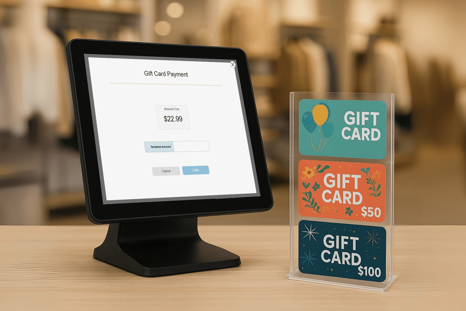 POS terminal showing a gift card payment screen for $22.99 next to a display of colorful $25, $50, and $100 gift cards, representing Auto-Star’s gift card payment solutions.