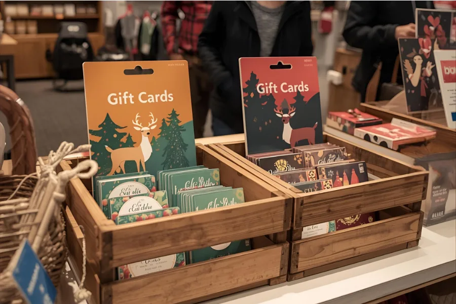 Wooden display boxes filled with festive holiday gift cards at a checkout counter, illustrating a gift card program for small retailers.