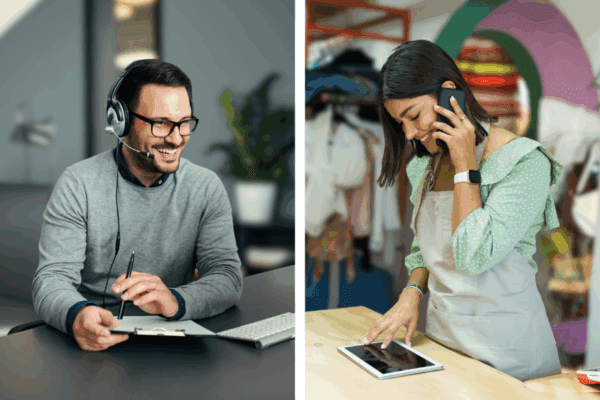 POS support representative assisting a small business owner over the phone.