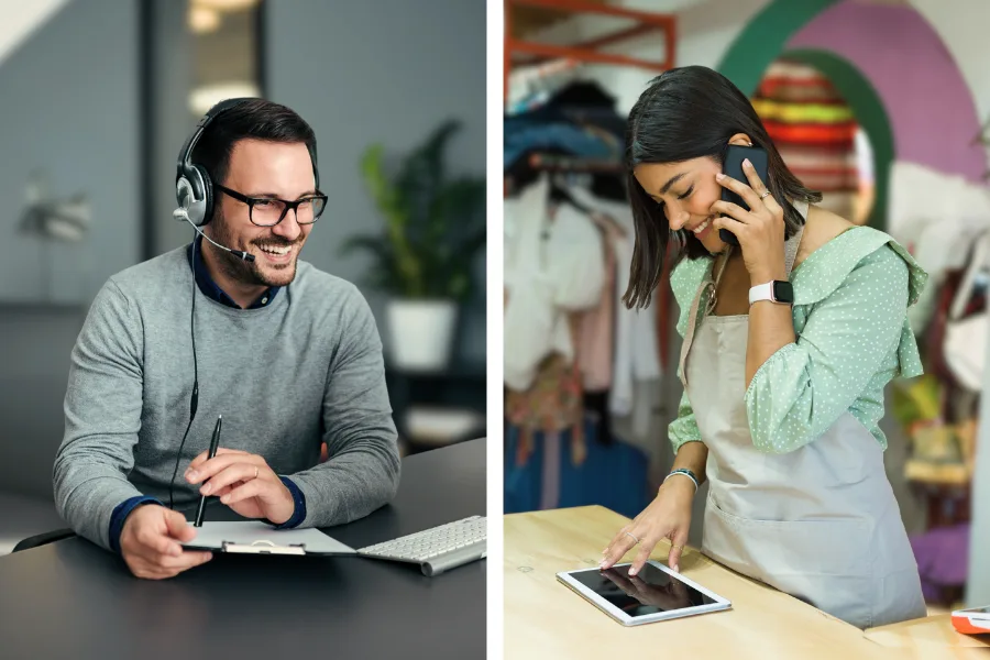 POS support representative assisting a small business owner over the phone.