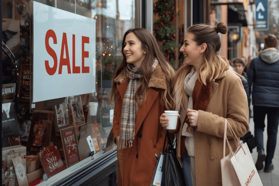 Shoppers browsing a storefront sale sign, highlighting the impact of an effective retail promotion