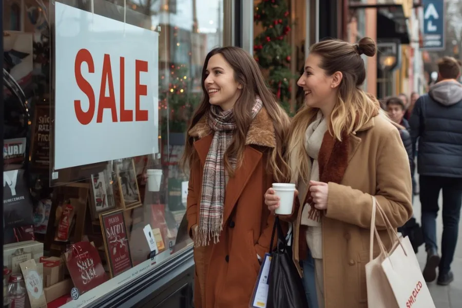 Shoppers browsing a storefront sale sign, highlighting the impact of an effective retail promotion