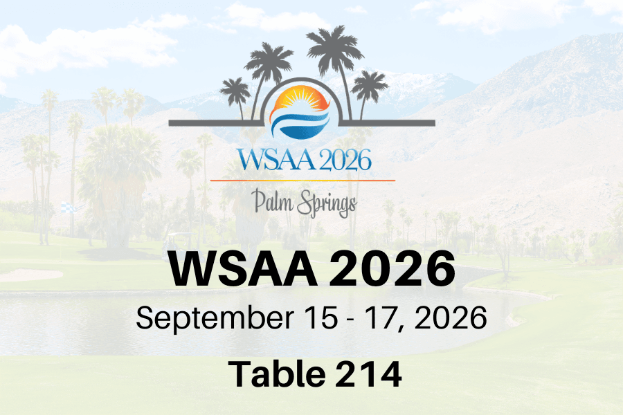 WSAA 2026 Palm Springs conference graphic with event dates September 15–17, 2026 and Table 214.