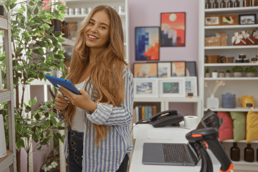 Woman using a tablet in home décor store for easy POS setup.