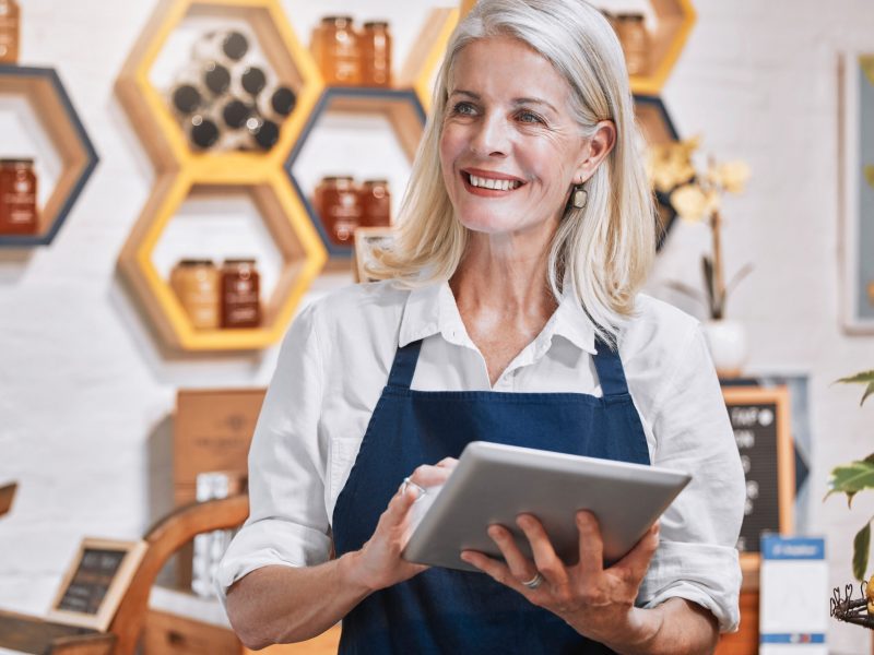 Small business owner, tablet and woman with sustainable, eco friendly and honey shop with recycle glass and e commerce marketing strategy idea. Online shop, website planning and food store manager Small business owner, tablet and woman with sustainable, eco friendly and honey shop with recycle glass and e commerce marketing strategy idea. Online shop, website planning and food store manager.