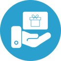 Gift Card Icon Representing Customer Rewards and Retail Promotions A blue circular icon featuring a hand holding a gift card, symbolizing Auto-Star’s gift card solutions that help retailers reward loyal customers and boost engagement.