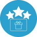 Gift Card Icon Representing Customer Loyalty and Rewards Blue gift card icon with three stars above it, representing customer loyalty and rewards through Auto-Star’s gift card and ClearTEQ POS programs.