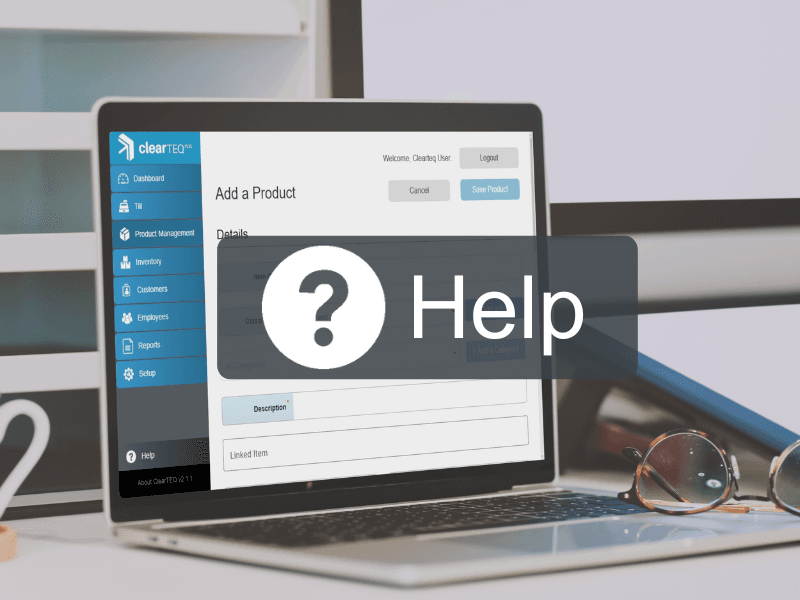 ClearTEQ POS product setup screen shown on a laptop, demonstrating technical services support for adding and managing products