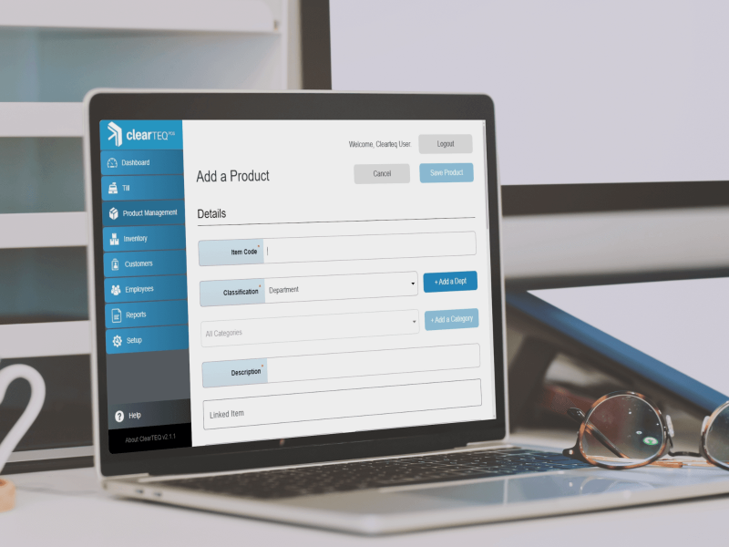 ClearTEQ POS product setup screen shown on a laptop, demonstrating technical services support for adding and managing products