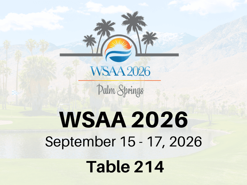 WSAA 2026 Palm Springs conference graphic with event dates September 15–17, 2026 and Table 214.